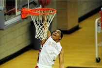 Desert Oasis forward Aamondae Coleman (5) dunks in front of Legacy guard Marquise Alexander ...