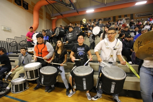 The Desert Pines High School drumlins plays a song during the I-A Southern boys basketball f ...