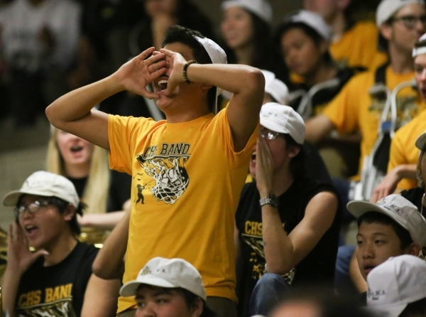 A Clark High School fan cheers for his team during the I-A Southern boys basketball final at ...