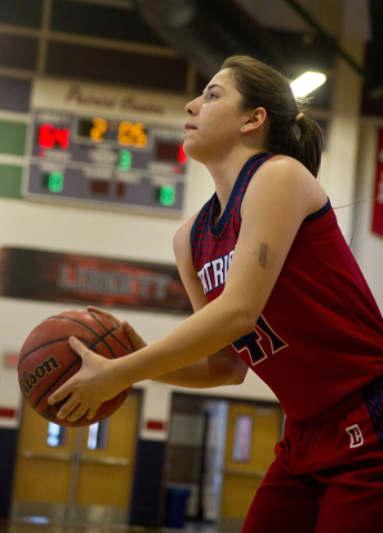 Liberty‘s Nancy Caballero (41) takes a shot during practice at Liberty High School in ...