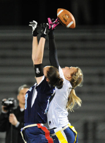 Centennial wide receiver Ashley Marshall is unable to catch a pass against Foothill safety S ...