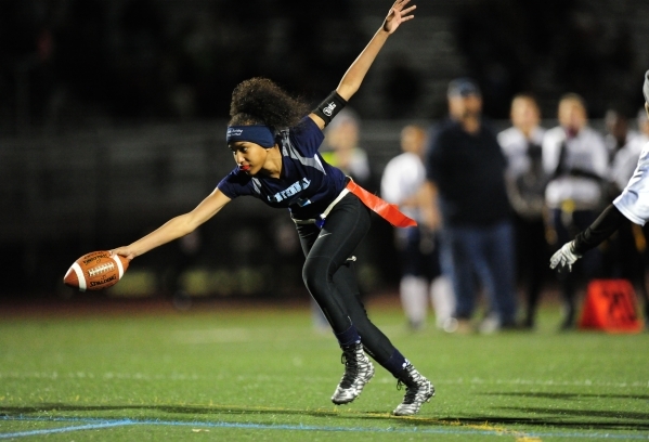 Centennial wide receiver Aliyah Wyrick scores a touchdown against Foothill in the first half ...
