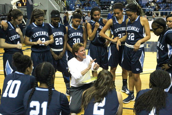 Centennial Head Coach Karen Weitz works a timeout during the NIAA Division I state basketbal ...