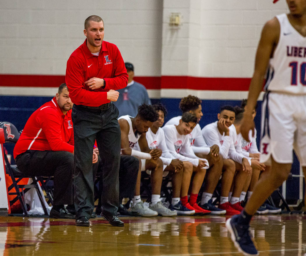 Liberty head coach Stefan Berg yells from the bench during a game against Foothill at Libert ...