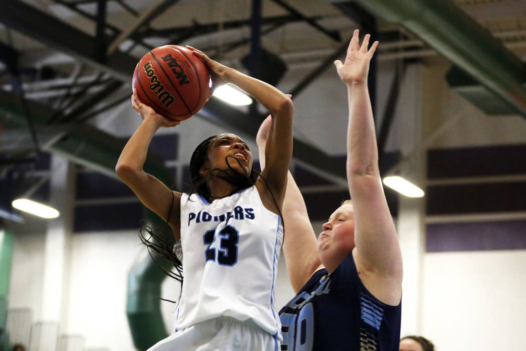 Canyon Springs’ Iyani Hayden (23) shoots against Foothill during the Sunrise Region se ...