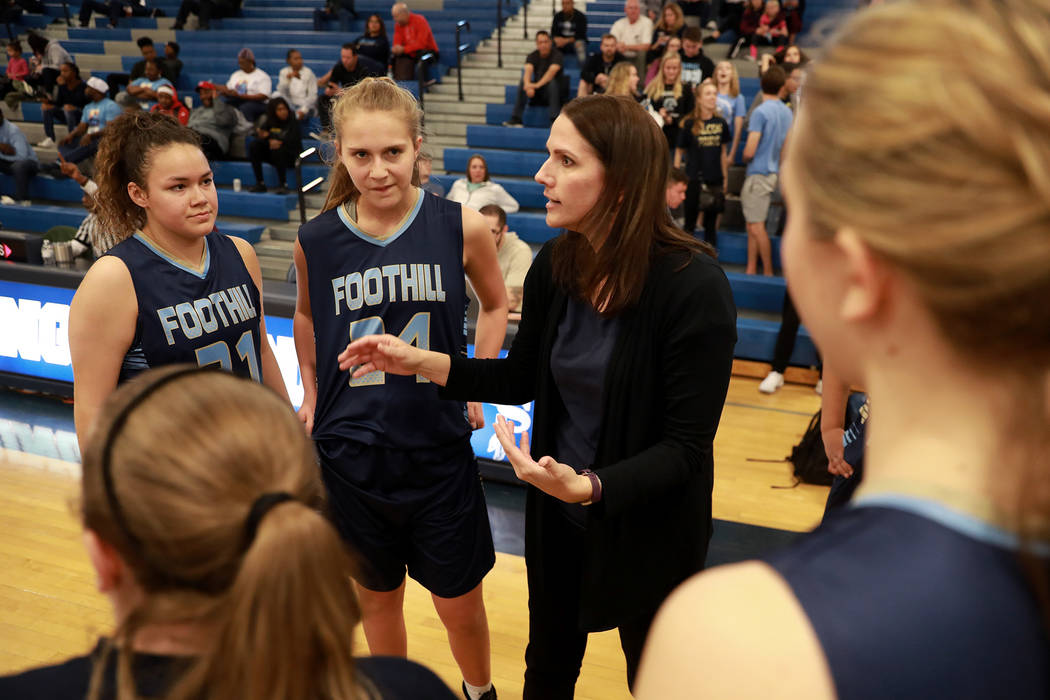 Foothill’s head coach Laura Allen talks to her team during the Sunrise Region semifina ...