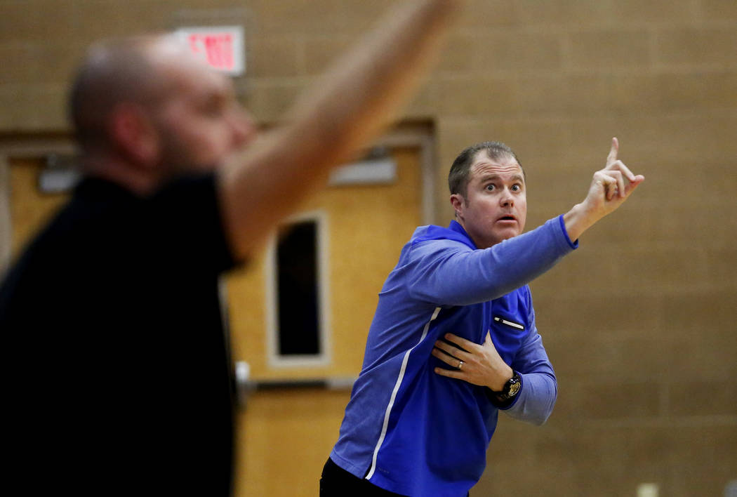 Bishop Gorman head coach Grant Rice directs his team against Clark during the Sunset Region ...