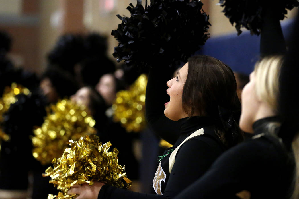 Clark cheerleaders cheer during the Sunset Region boys basketball championship at Legacy Hig ...