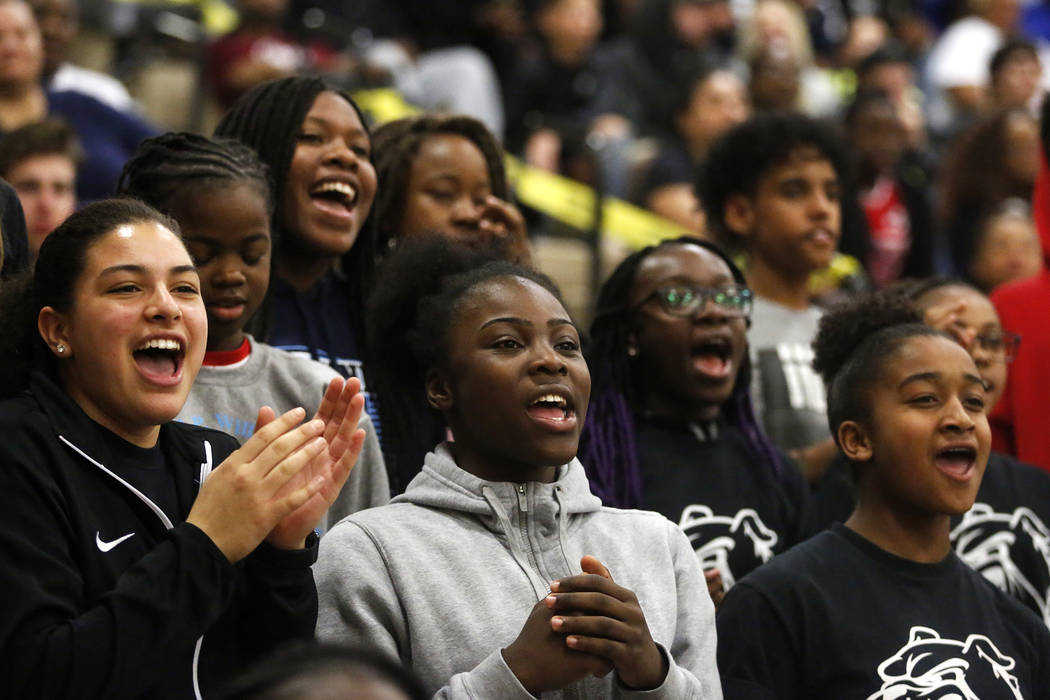 Fans cheer during the Sunset Region girls basketball championship at Legacy High School in N ...
