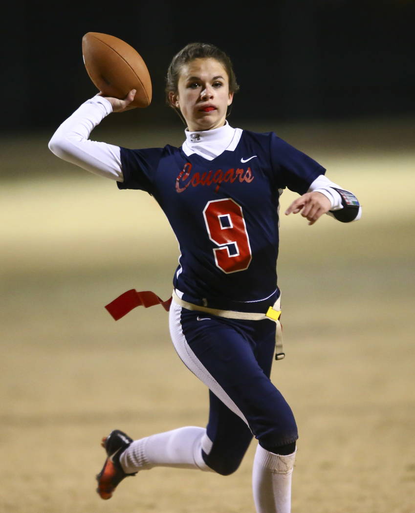 Coronado’s Caitlin Shannon (9) looks to throw a pass while playing against Shadow Ridg ...
