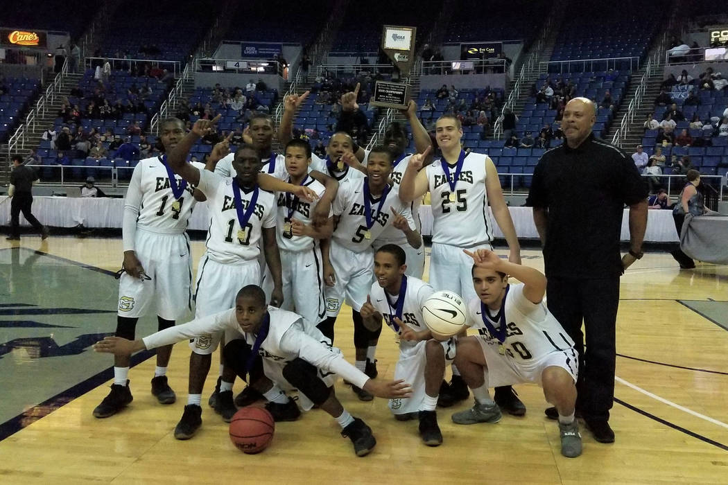 Spring Mountain celebrates after winning the Class 1A state basketball title on Feb. 24, 201 ...