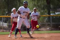 Shadow Ridge sophomore Alyssa Stanley safely makes it to second base as Banning misses a pas ...