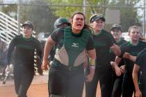 Palo Verde catcher Grace Chavez celebrates after Lauryn Barker scored a run during the third ...