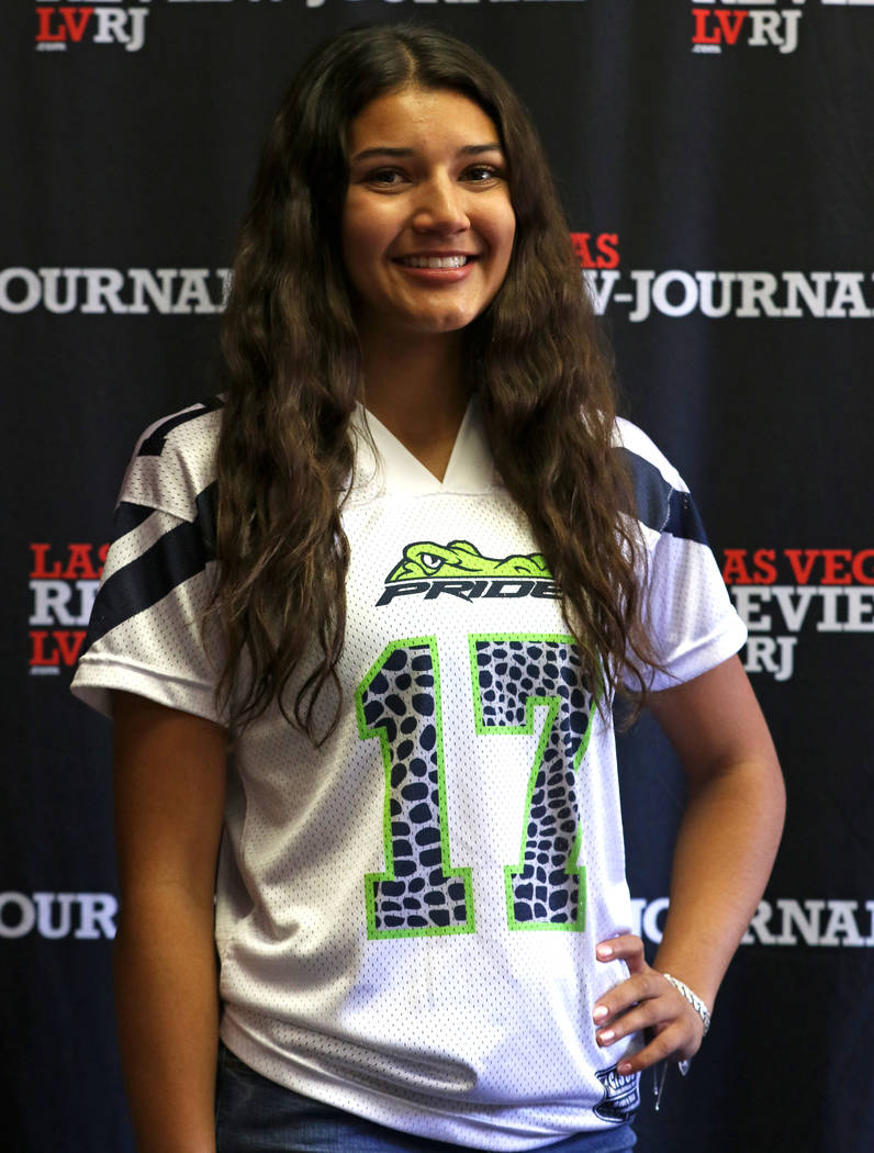 Green Valley High School flag football standout Izzy Madrid is photographed in Las Vegas, Tu ...