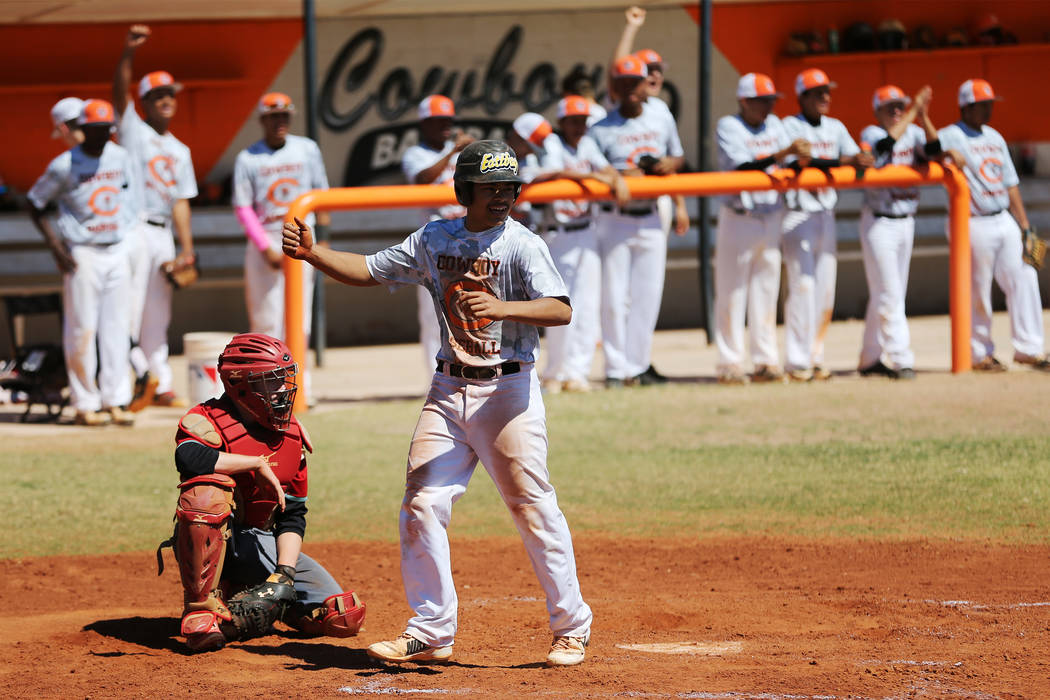 Chaparral’s Robert O’Connor (21) runs home for a run in the fourth inning agains ...