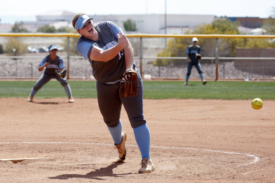 Centennial’s pitcher Amanda Sink (18) pitches against North High School in the ...