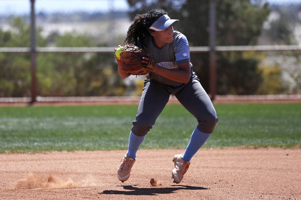 Centennial’s shortstop Kiana Tate (4) throws to first base against North High School i ...