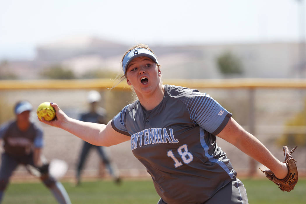 Centennial’s pitcher Amanda Sink (18) pitches against North High School in the ...