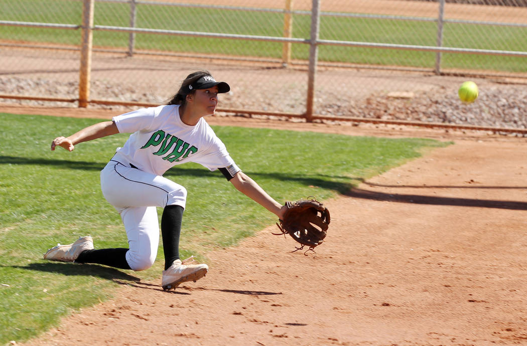 Palo Verde right fielder Alyssa Lybbert attempts to catch a foul ball in the first inning of ...