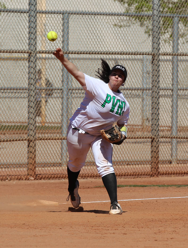 Palo Verde’s Samantha Wade throws to first in a softball game against San Diego during ...
