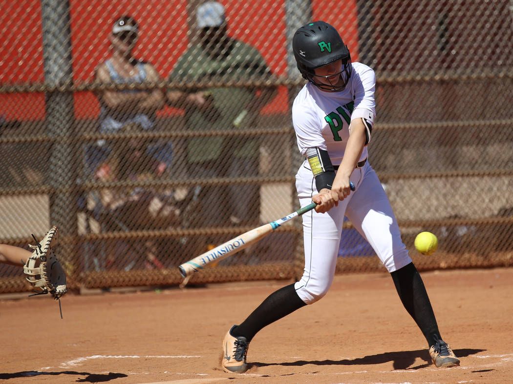 Palo Verde’s Makena Martin swings at a pitch in the first inning of a softball game ag ...