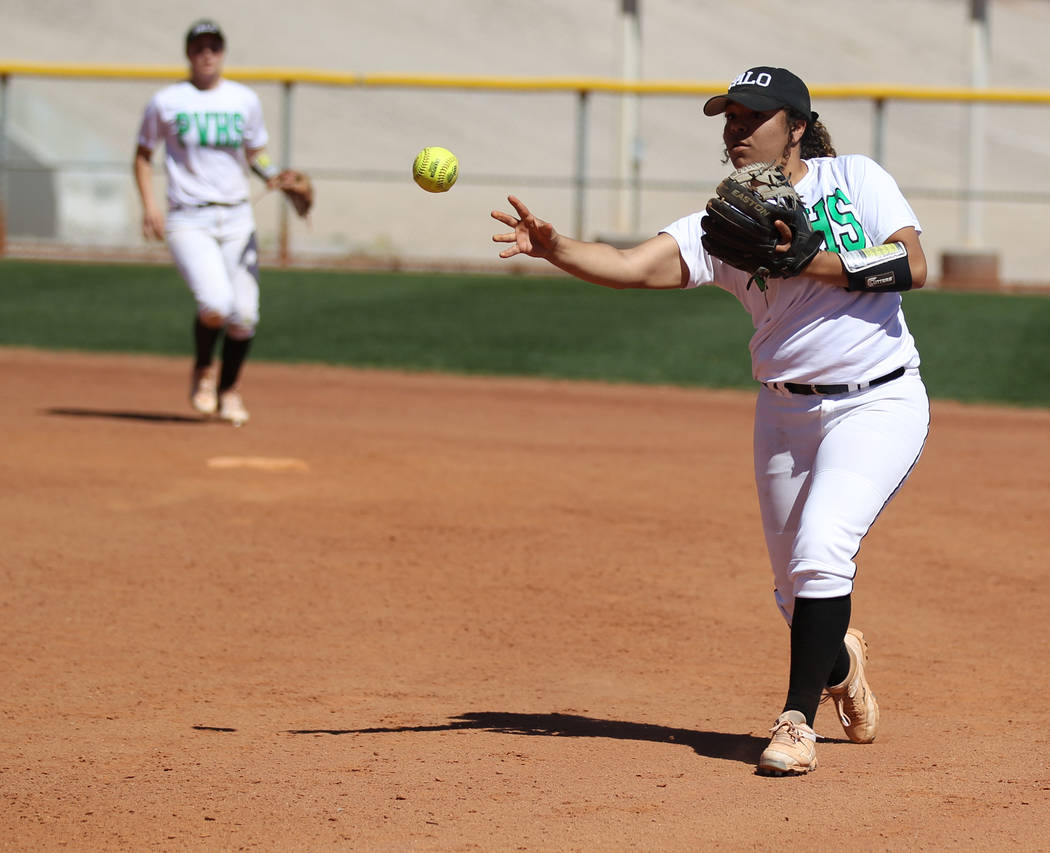 Palo Verde’s Madison Hearn throws to first base in the second inning of a softball gam ...