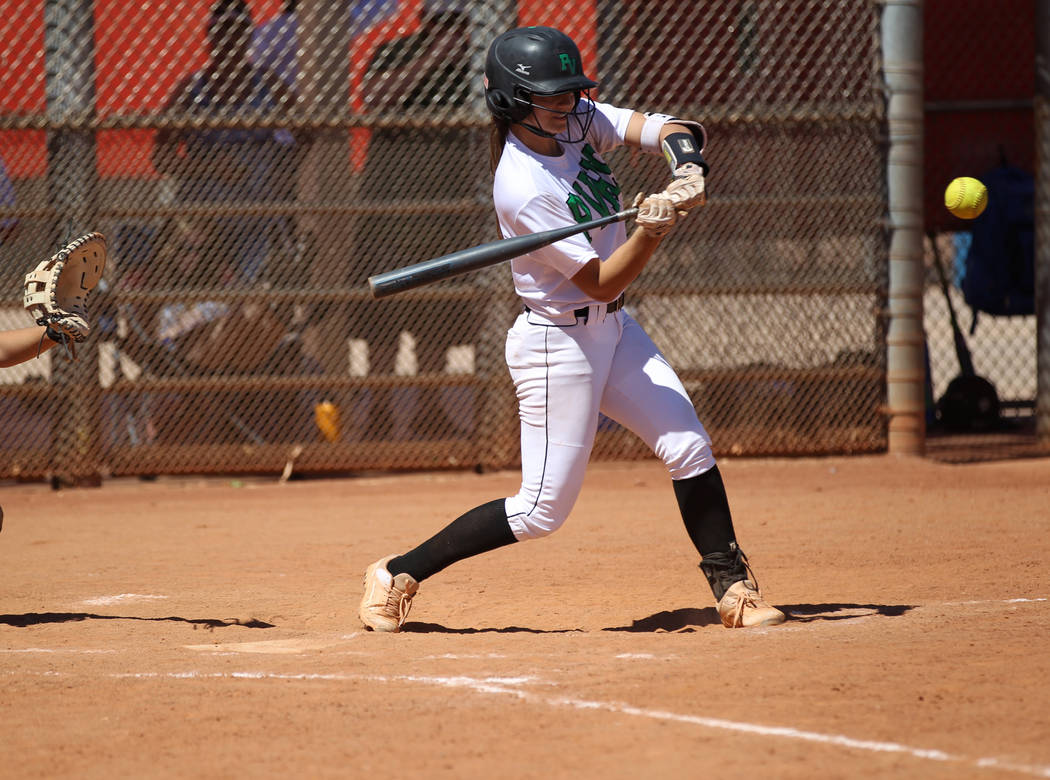 Palo Verde’s Taylor Askland swings at a pitch in the third inning of a softball game a ...