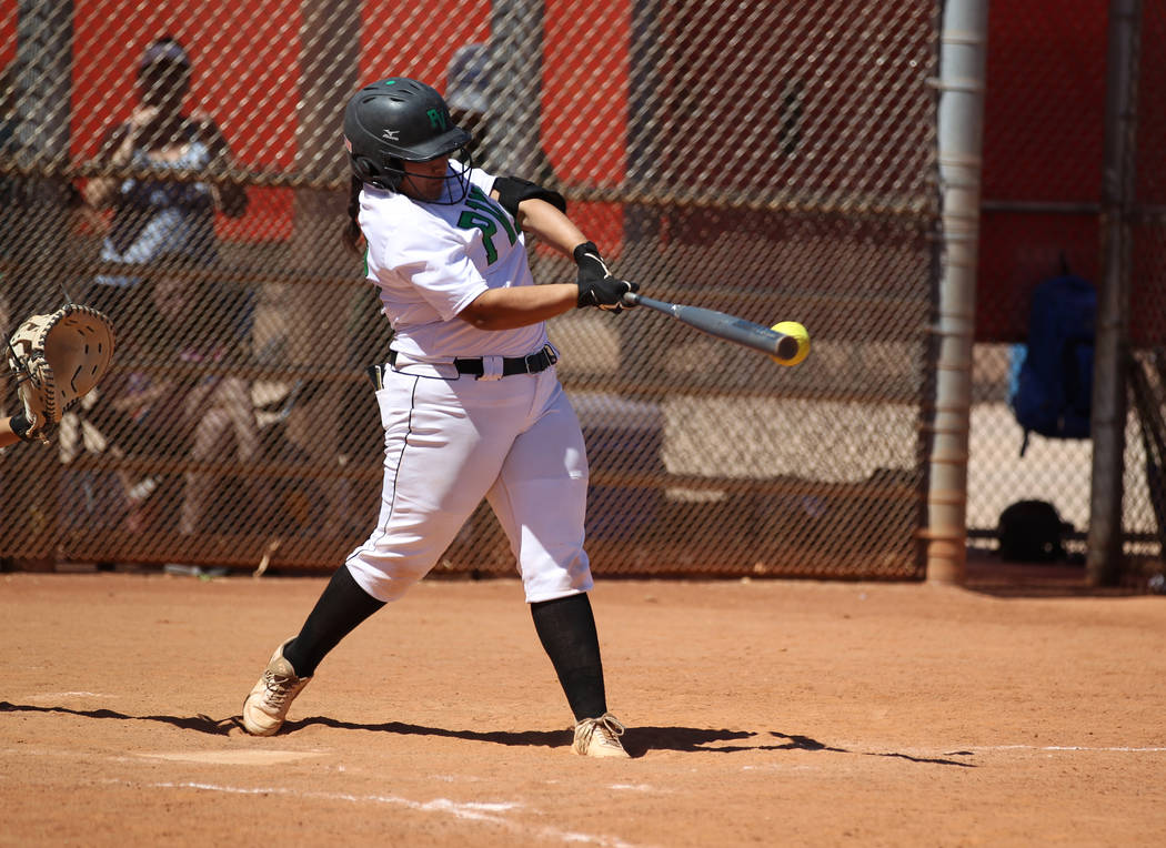 Palo Verde’s Sianna Lewis connects in the fourth inning of a softball game against San ...