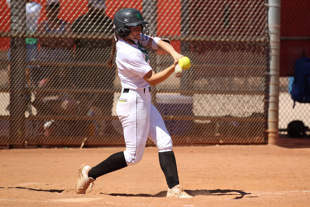 Palo Verde Makall Whetten connects in the fourth inning of a softball game against San Diego ...