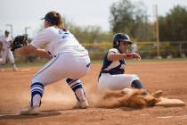 Shadow Ridge’s Shea Clements (4) slides to third base safely against El Camino Real du ...
