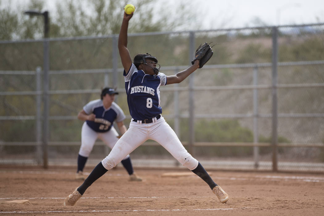 Shadow Ridge’s Jasmine Martin (8) pitches against El Camino Real during the softball S ...