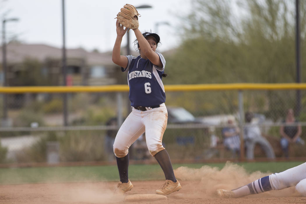 Shadow Ridge’s Angelina Esqueda (6) makes a catch for an out against El Camino Real du ...