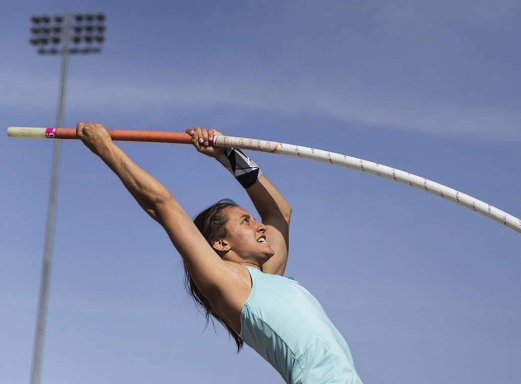 Gabby Carson, one of Nevada’s top prep pole vaulters, makes an attempt during practice ...