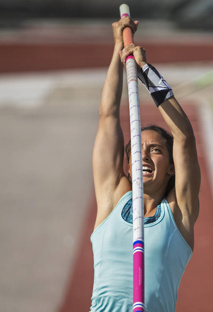 Gabby Carson, one of Nevada’s top prep pole vaulters, practices on Monday, April 9, 2 ...