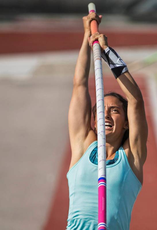 Gabby Carson, one of Nevada’s top prep pole vaulters, practices on Monday, April 9, 2 ...