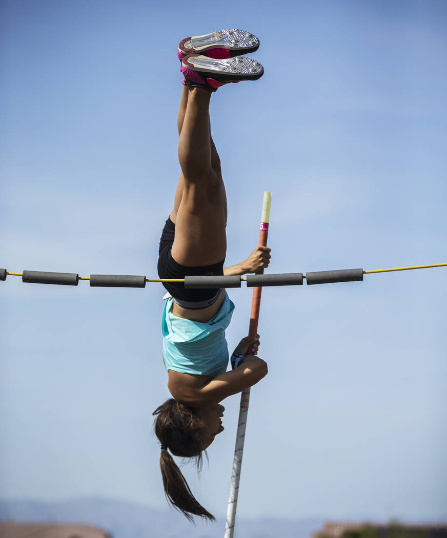 Gabby Carson, one of Nevada’s top prep pole vaulters, practices on Monday, April 9, 2 ...