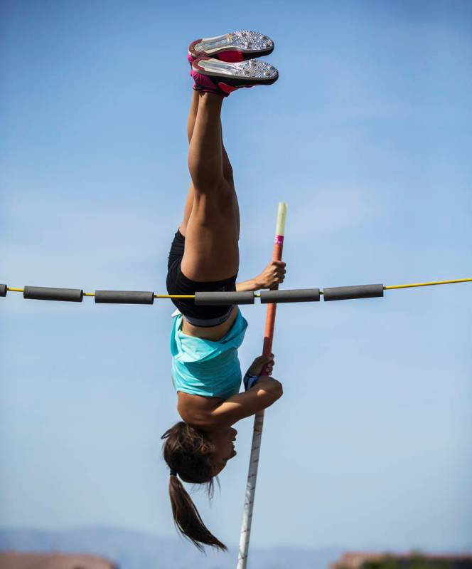 Gabby Carson, one of Nevada’s top prep pole vaulters, practices on Monday, April 9, 2 ...