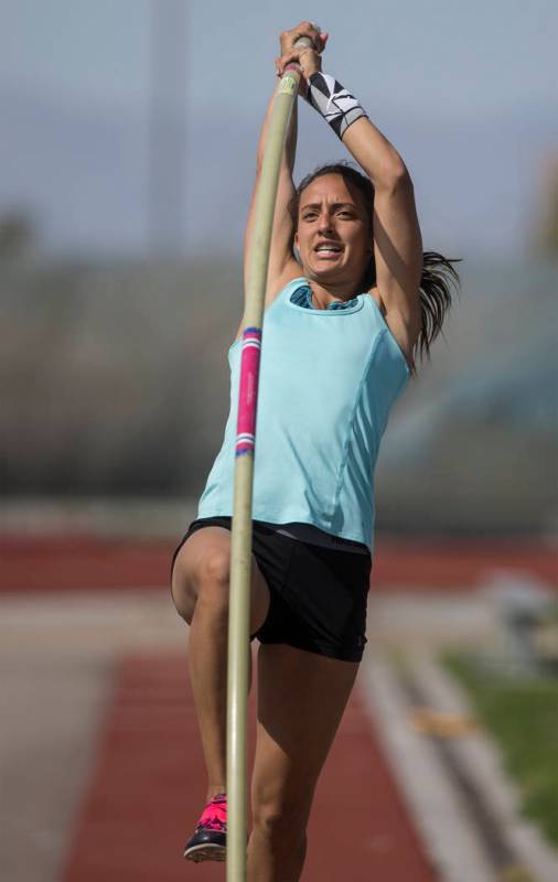 Gabby Carson, one of Nevada’s top prep pole vaulters, practices on Monday, April 9, 2 ...