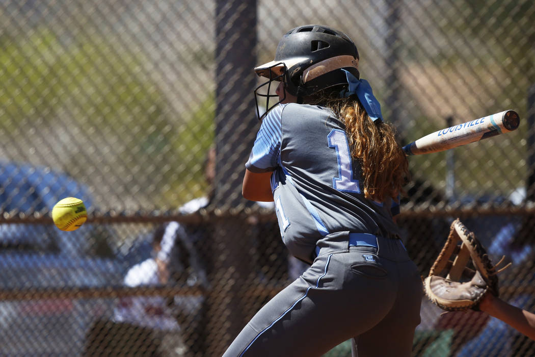 Centennial’s Jacqueline Perez Mena (11) bats against North High School in the first in ...