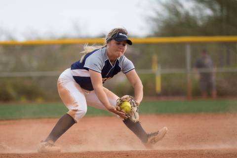 Shadow Ridge’s Mia Voges (15) catches a ground ball before throwing it for an out at f ...