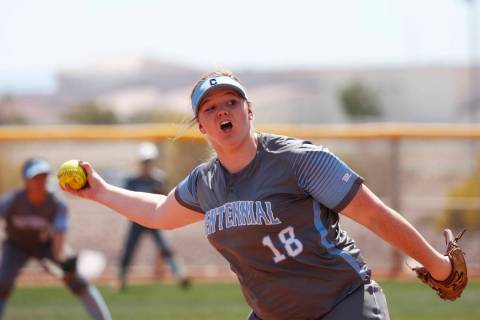 Centennial’s pitcher Amanda Sink (18) pitches against North High School in the first i ...