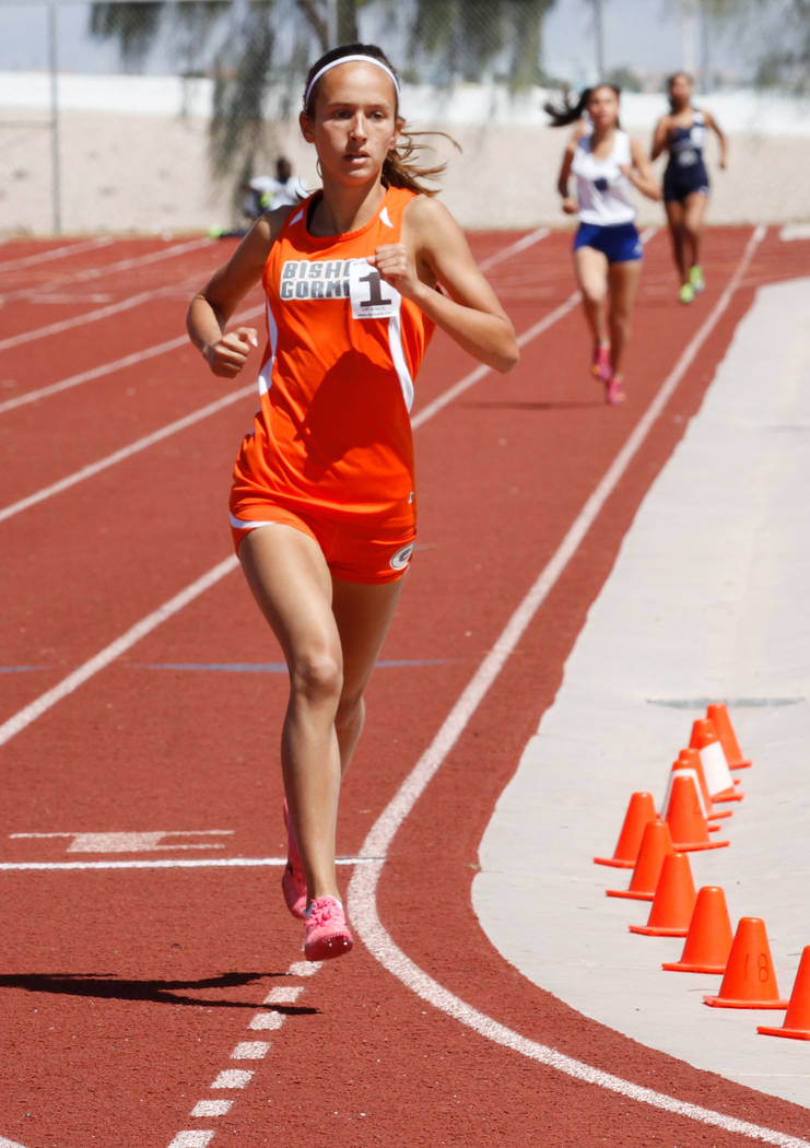 Bishop Gorman freshman Emilia Puskas (1) competes during the girls’ 1600m during Blain ...