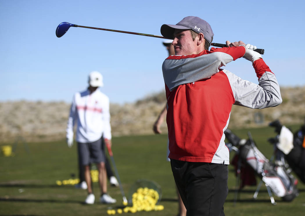 Arbor View’s Cameron Gambini at the driving range during practice at the Paiute Golf R ...