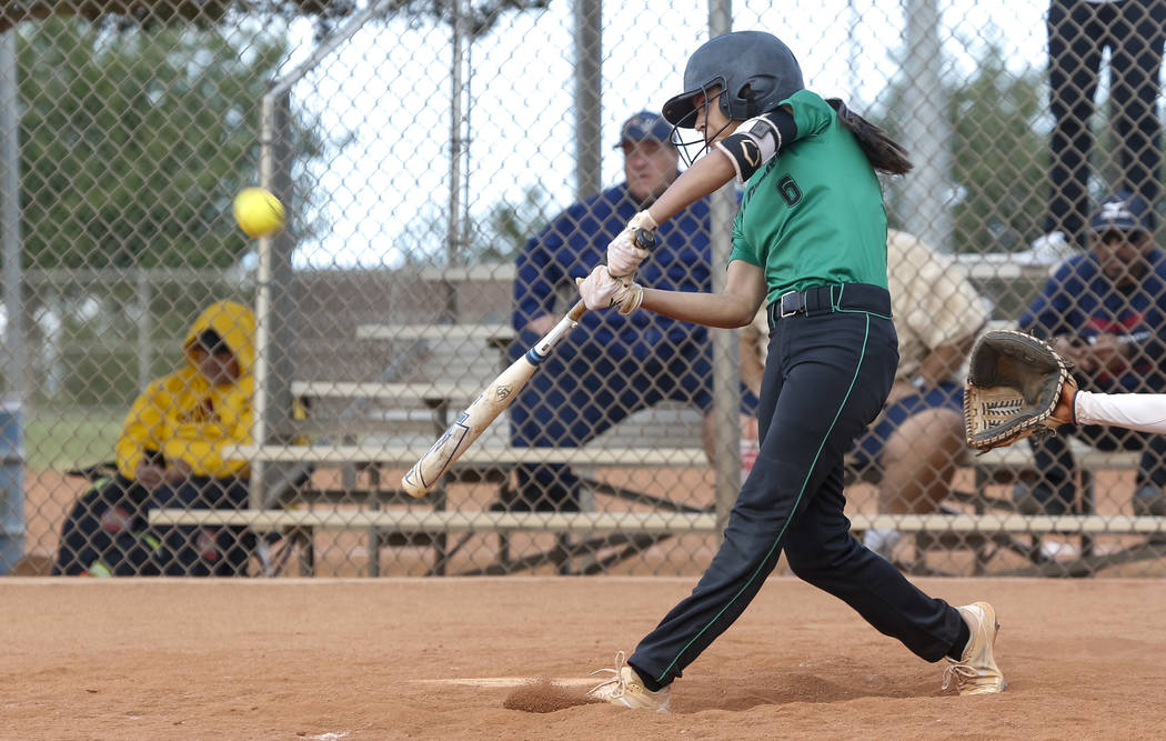 Palo Verde’s Alyssa Lybbert bats against Centennial during a softball game at Pal ...
