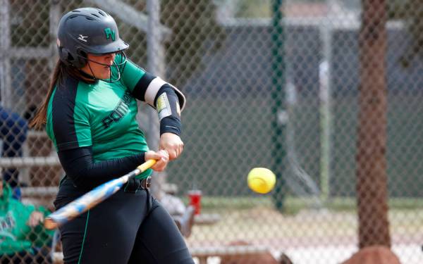 Palo Verde’s Samantha Wade bats against Centennial during a softball game at Palo Verd ...
