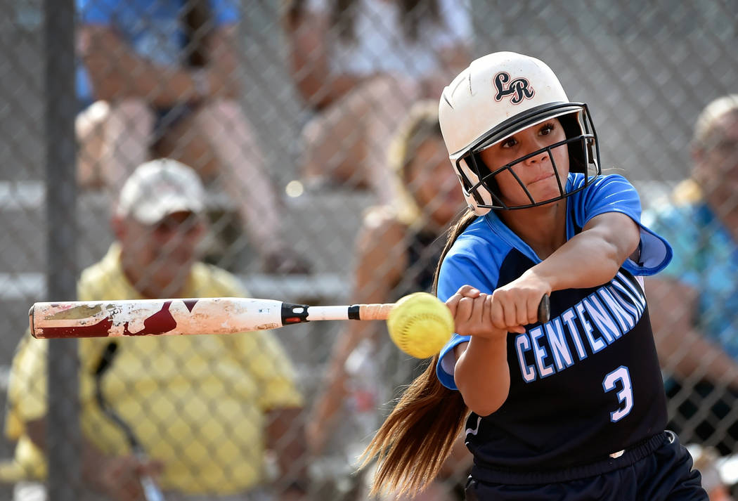 Centennial’s Natasha Lawrence swings for the ball against Durango during a high school ...