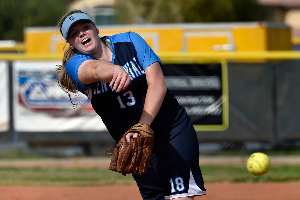 Centennial pitcher Amanda Sink fires the ball against Durango during a high school softball ...