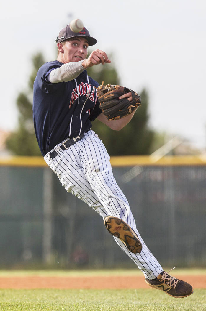 Coronado second baseman Taylor Darden (2) makes a leaping throw in the third inning during t ...