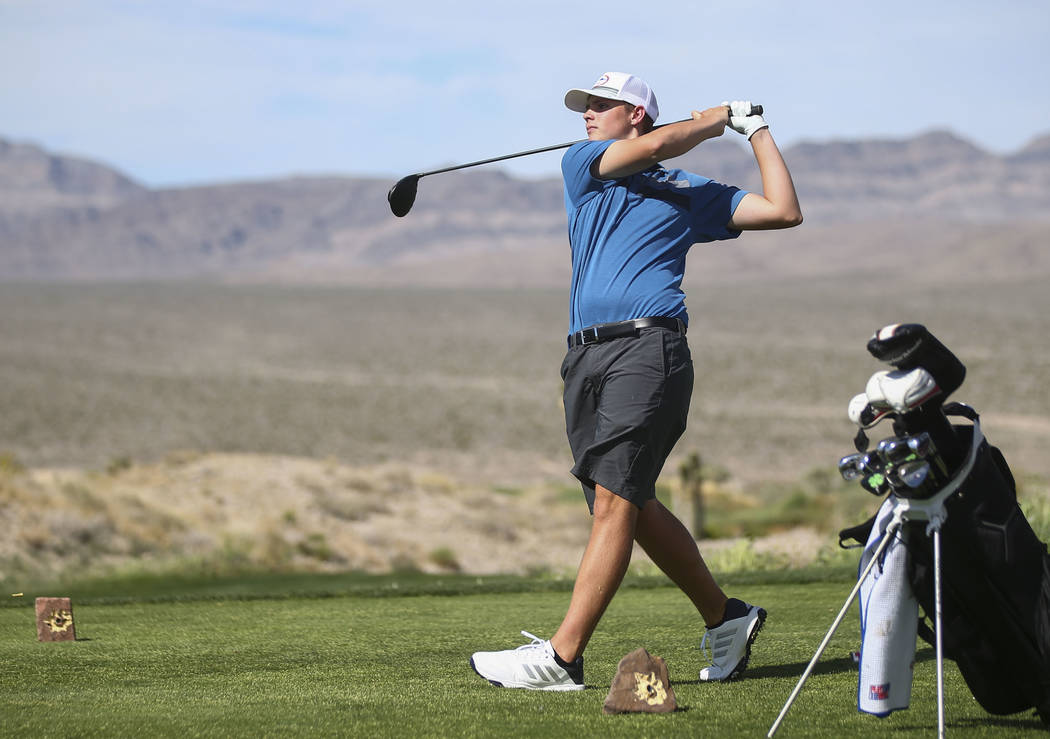 Bishop Gorman’s Mitchell Abbott watches his shot during the Class 4A Sunset Region tou ...