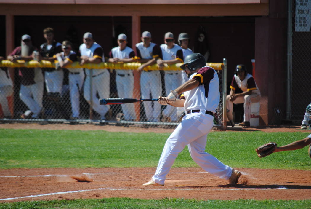 Pahrump Valley’s Anthony Costa takes a swing during the Trojans’ 7-6 home victor ...